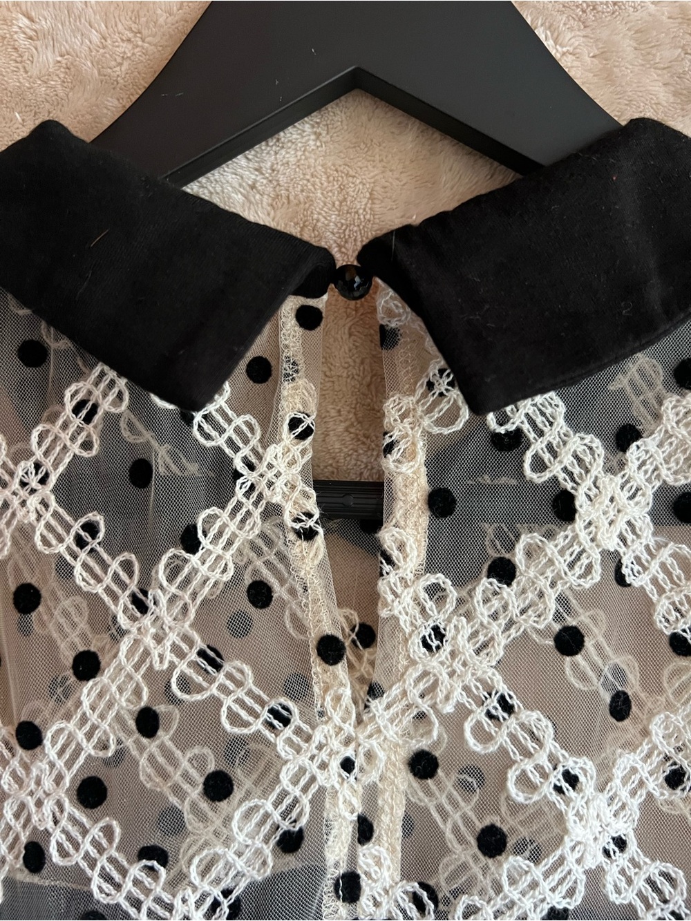 Kaily K Black White Lace Polka Dot Peter Pan Collar Puff Sleeve Top Medium Chic - Picture 9 of 9